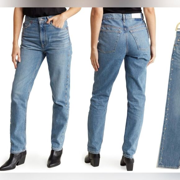 Re/Done NWT Women’s Size 29 Straight Leg Blue 70’s Jeans Studs Moonstruck $495 - Picture 4 of 16